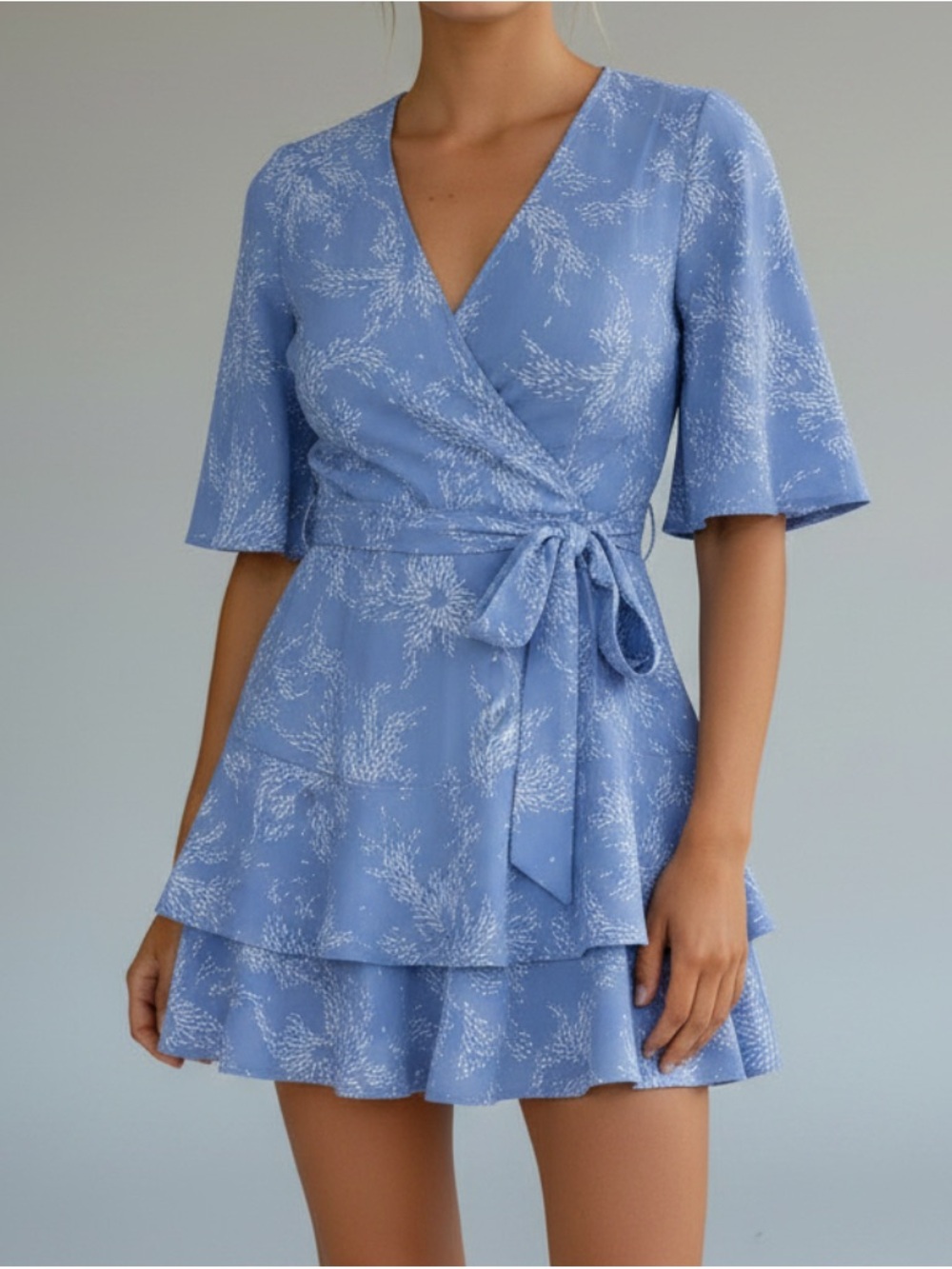 Blue Floral Wrap Mini Dress with Tie Waist